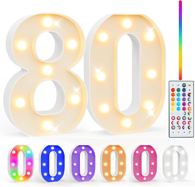 Pooqla 80th Birthday Decoration fors Her Him, 35 Colors LED Light Up Numbers with Remote, Multicolor Marquee Numbers 80 Sign for Party Backdrop 80th Birthday Gift, Lighted Number 80