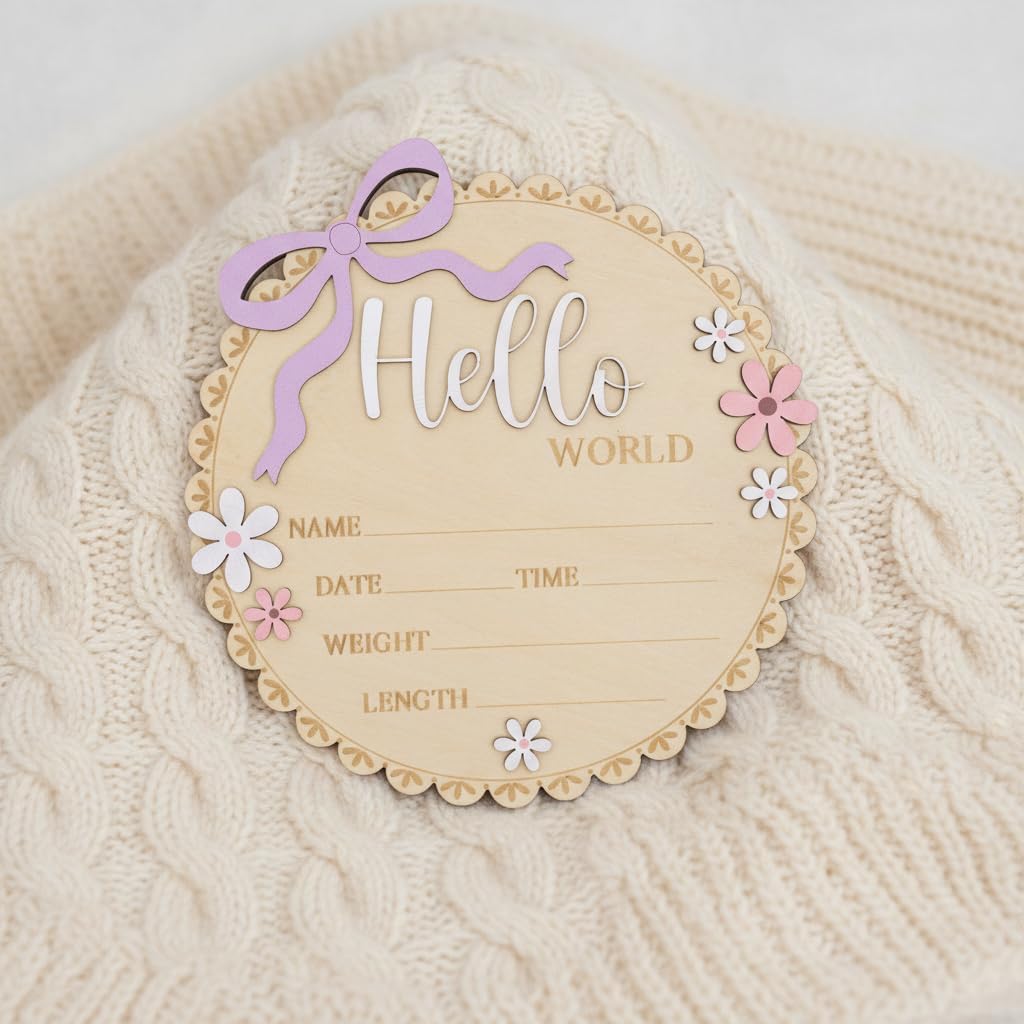 Hello World Wooden Baby Birth Announcement Sign, Pink Floral Newborn Name Date Time Weight Length Board, Baby Girl Nursery Decor Photo Prop Keepsake (Light purple ribbon)