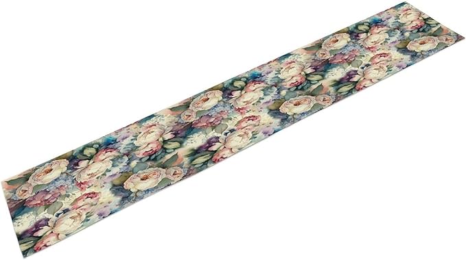 Vintage Floral Table Runner,Girls Women Rose Romantic Leaf Botanical Watercolor Pattern Print Burlap for Hotel Indoors Outdoor Dining Room Kitchen Holiday Party, 13x36in