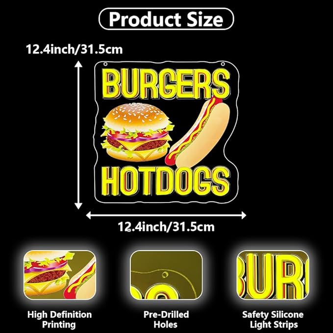 Hot Dogs Burgers Neon Signs for Wall Decor,Hot Dogs Led Neon Sign Party Decorations,Dimmable Hamburger Led Lights Sign for Business Food Restaurant Bar Birthday Party Decor,Hot Dog Shop Decor