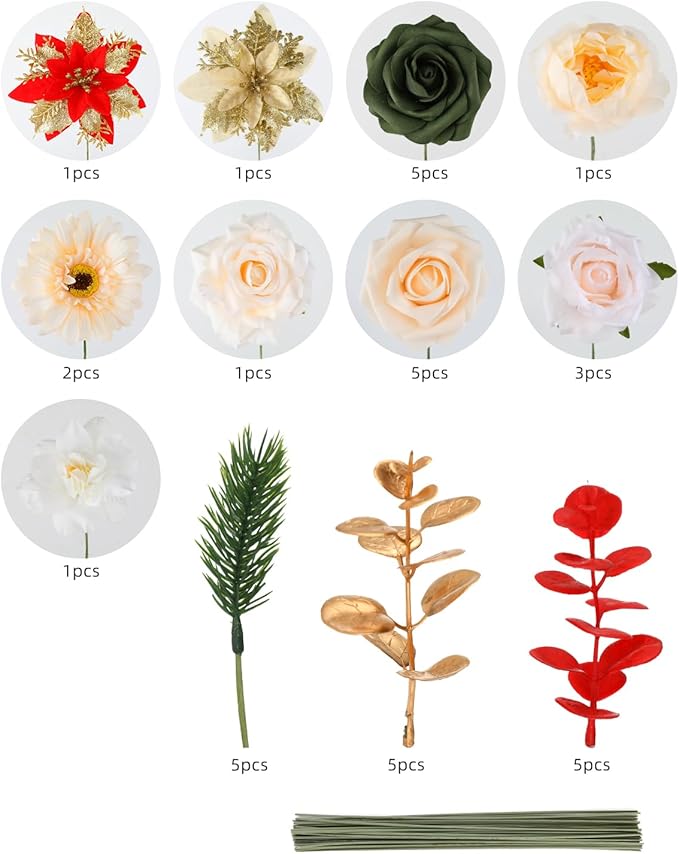 Christmas Artificial Flowers Poinsettia Flower Mix Silk Flowers Fake Roses with Stems for DIY Table Centerpieces Christmas Tree Xmas Wreath Holiday Home Party Decor
