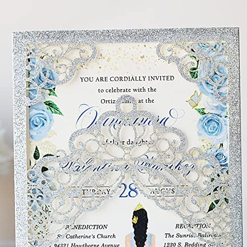 Hosmsua 50PCS 5.1x7.3 Inch Silver Glitter Quinceanera Invitations Cards Laser Cut Floral Crown Pocket Invitation with Envelopes for Birthday Bridal Shower