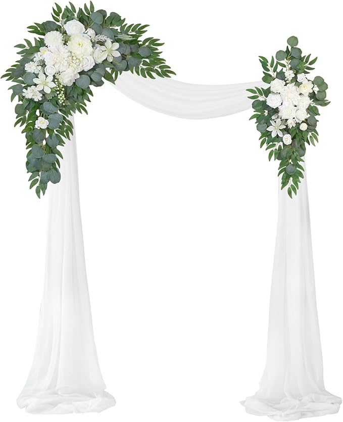 Artificial Wedding Arch Flowers Kit(Pack of 3),2Pcs Artificial Flower Arch Decor,1Pcs Sheer Drape for Wedding Ceremony Arbor for WeddingCeremony (Fairy White)