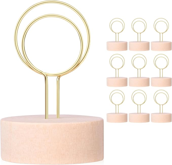 Oubest Table Number Holders Pack of 10 Metal Wire with Wooden Base for Better Stability Place Card Holders - Centerpieces, Picture Photo Sign Stands for Weddings, Party, Birthdays -Gold