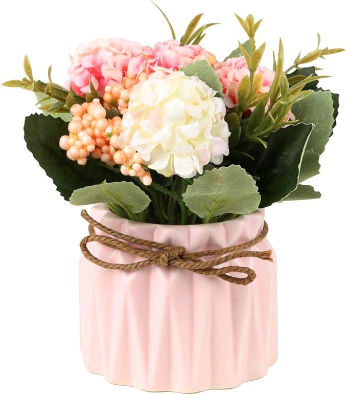 Artificial Hydrangea Bouquet with Small Ceramic Vase Fake Silk Variety Flower Balls Flowers Decoration for Table Home Party Office Wedding (Pink)