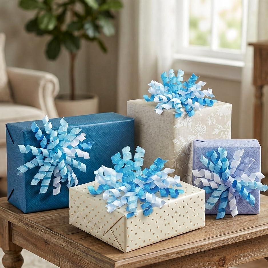 6PCS Blue Self-Adhesive Curly Bows, 6" Pre-Made Bows for Gift Wrap, Grosgrain Ribbon Bow for Basket Decoration, for Champagne, Present Bow for Birthday, Party, Anniversary (Mix Blue, 6 inches)