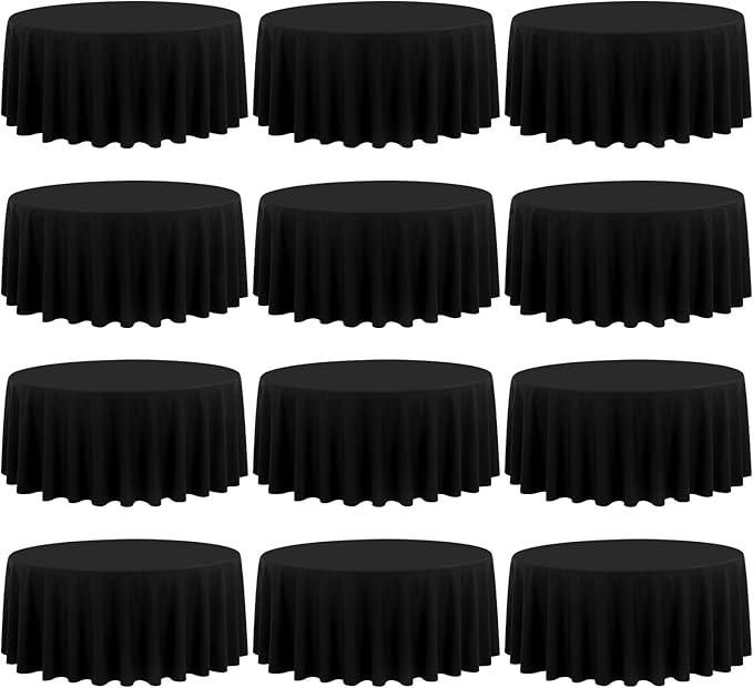 12 Pack 120 Inch Round Tablecloth, Black Polyester Fabric Table Cloth for Round Table, Washable Tablecover for Wedding Party Dining Buffet Banquet Restaurant and Camping