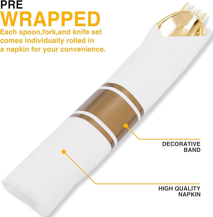 400PCS Pre Rolled Gold Plastic Silverware Sets - Heavy Duty Hammered Gold Cutlery Include 100 Pack Wrapped Disposable Utensils with Napkins for Parties, Dinners & Weddings