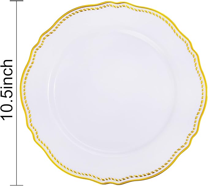 Hioasis 60pcs Gold Plastic Plates - White and Gold Disposable Dinnerware with Gold Rim, Heavy-duty, 10.25 inch, Dinner Plates for Party & Wedding