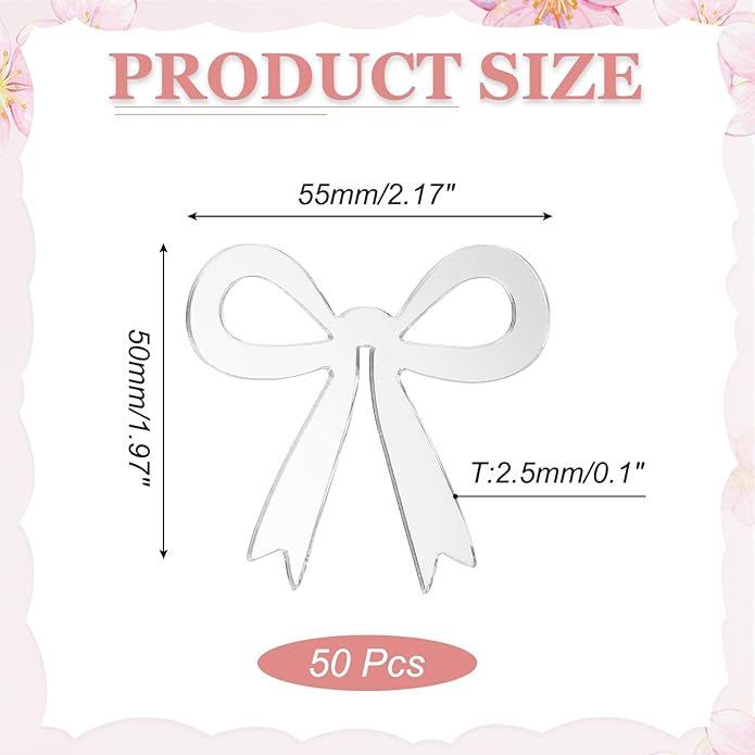 PATIKIL 50 Pcs Bow Drink Tags, Acrylic Wine Glass Charms Reusable Drink Markers for Party Wedding Birthday and Events Accessories, Mirror Silver