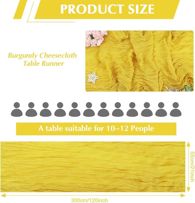 10 Pack Yellow Cheesecloth Table Runner -21*120Inch Long Boho Wedding Table Decor, Rustic Gauze Fabric Runner for Bridal Showers, Baby Showers & Parties (Sheer, Lightweight, Wrinkled Design)
