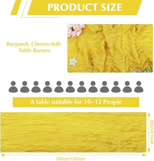 10 Pack Yellow Cheesecloth Table Runner -21*120Inch Long Boho Wedding Table Decor, Rustic Gauze Fabric Runner for Bridal Showers, Baby Showers & Parties (Sheer, Lightweight, Wrinkled Design)