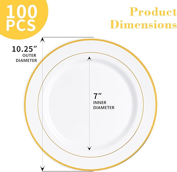 N9R 100PCS Gold Plastic Plates, 10.25 inch White Disposable Dinner Plate with Gold Rim, Heavy Duty Plates for Party Wedding and Birthday