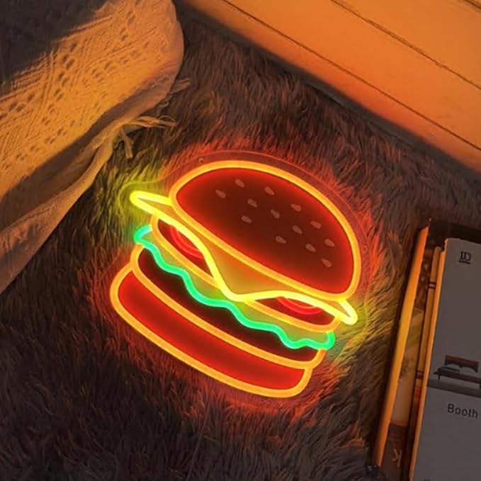 Burger LED Neon Sign, Custom UV Printed Hamburger LED Neon Light Home Kitchen Wall Decor Restaurant Fast Food Shop Decor Burger Lover Gift Size:20 X 17inch