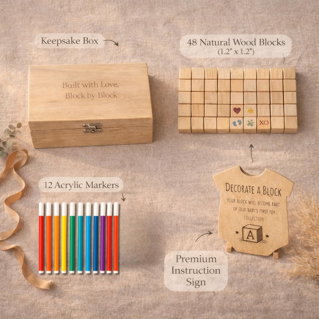 Nolia Baby Shower Blocks Decorating Game – 48 Wooden Cubes to Decorate, Storage Box, 12 Acrylic Markers & Instruction Sign (Natural)
