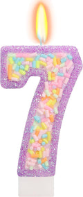 Number 7 Birthday Candle with Sprinkles, Pastel Purple Unicorn Rainbow Cake Topper, Sweet Candyland Party Decorations for Girl Boy 7th Birthday