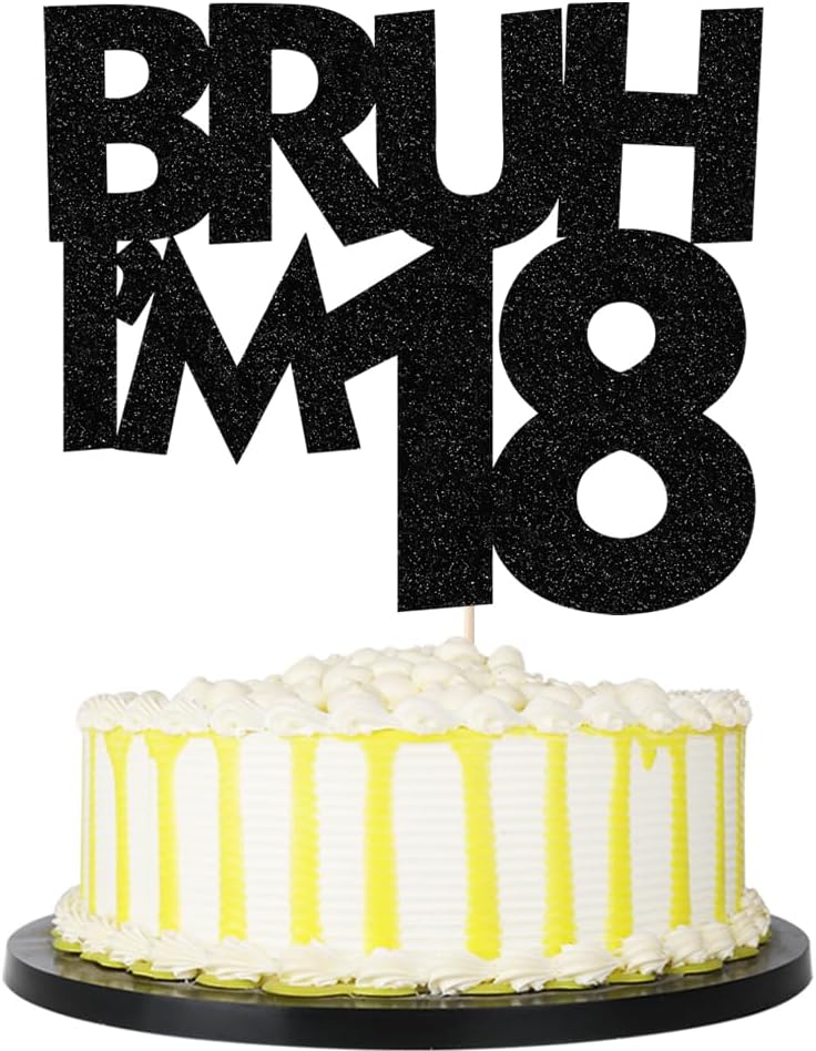 PALASASA Bruh I'm 18 Black Glitter 18th Birthday Cake Topper Decor | Black glitter funny cake topper, perfect for boys 18th birthday party cake decoration supplies.