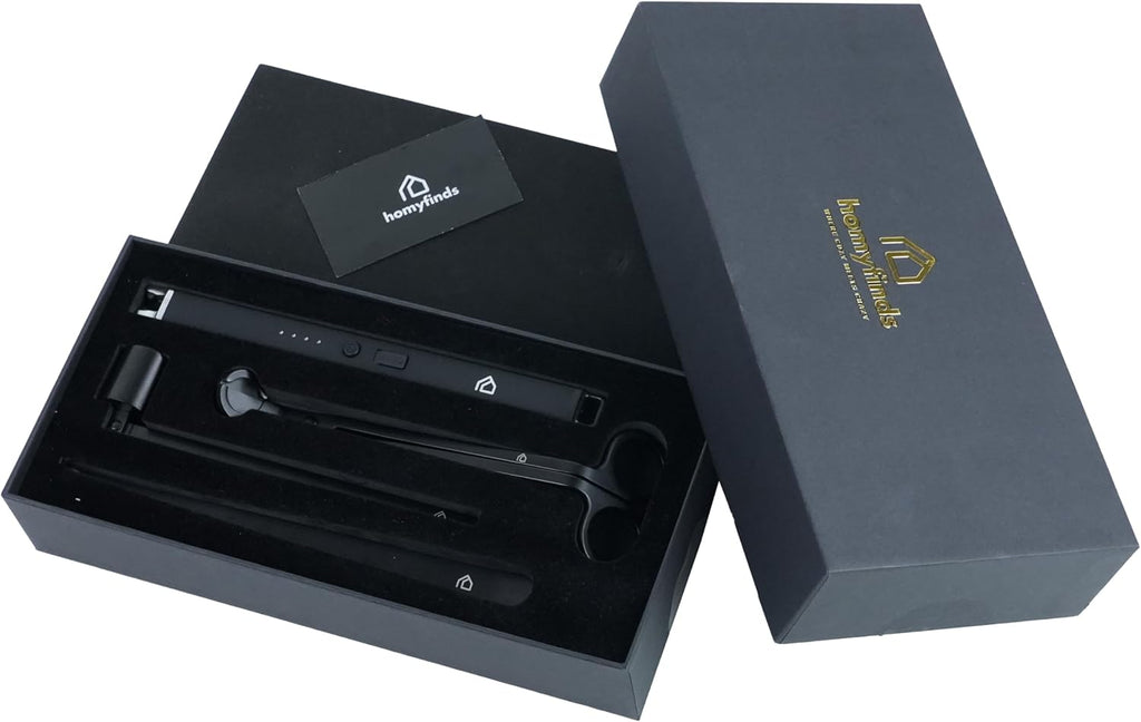 Candle Care & Accessory Set 5-in-1 Wick Trimmer, Snuffer, Wick Dipper, USB Rechargeable Electric Lighter, Acacia Wood Coaster & Metal Tray – Luxury Gift Box for Candle Lovers