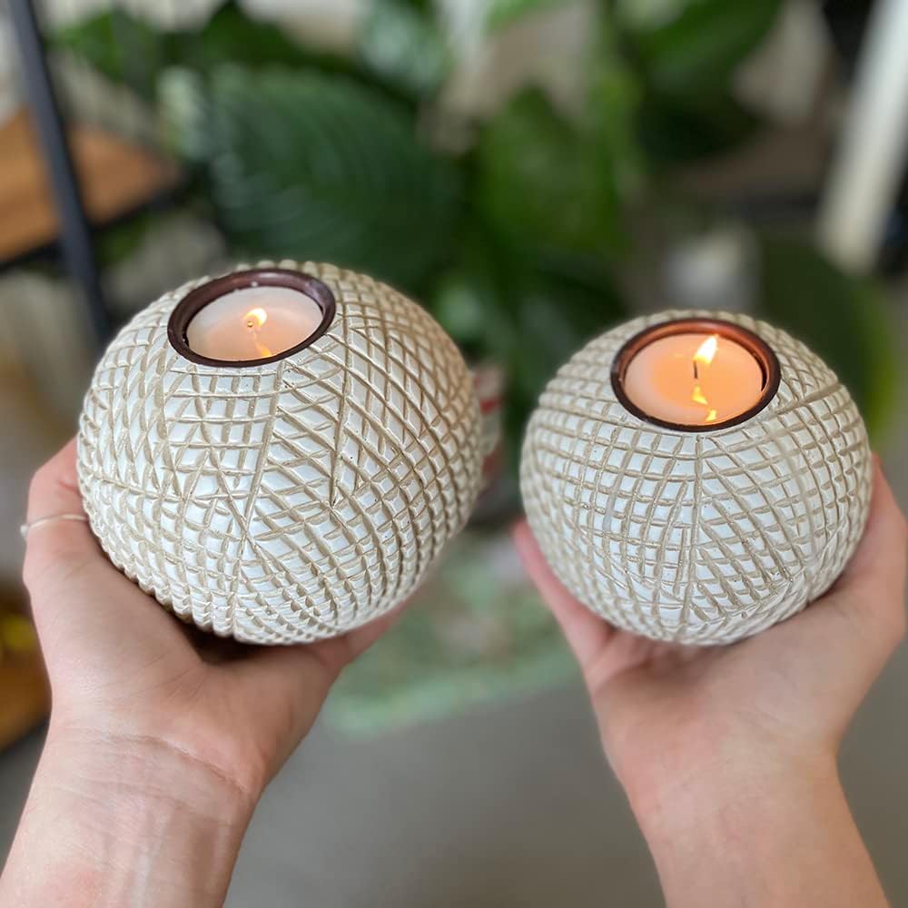 Luca Beige Orb Tea Light Candle Holders, Gift Boxed Set of 2 | Beige and white grid-pattern orbs for coffee table, console, entryway, mantel, dining centerpiece; coastal, modern, farmhouse