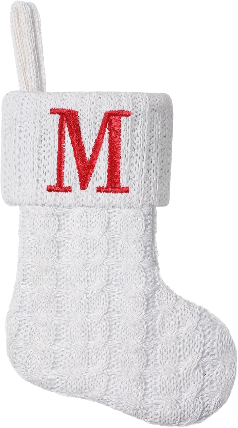 Mini White Knit Stocking,8.5 Inches Initial Monogram EmbroideWhite Christmas Stocking,Family Fireplace Hanging Ornament Xmas Holiday Decor Gift-Letter M