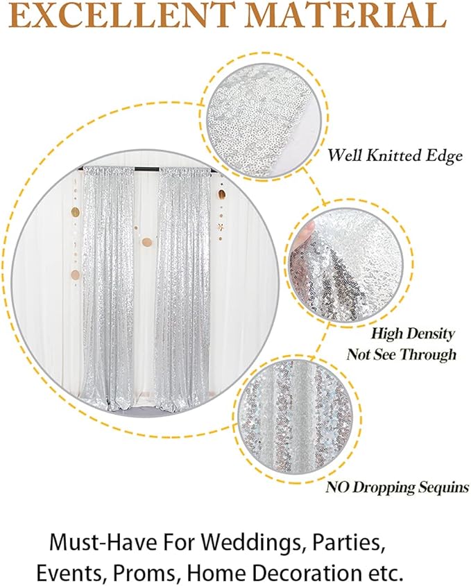 ShinyBeauty Sequin Curtains 2 Panels Silver 2FTx8FT Sequin Photo Backdrop Silver Sequin Backdrop Curtain Pack of 2-1011E