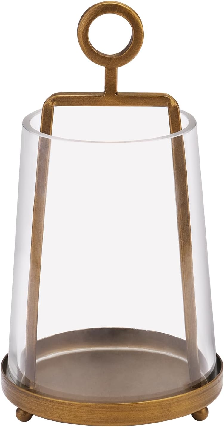 4“ Wide Modern Farmhouse Metal Hurricane Candle Holder with Handmade Sturdy Glass Sleeve in Vintage Brass for 2" Pillar Candle & Plants, Glass Hurricane Lantern, Industrial, Minimalistic