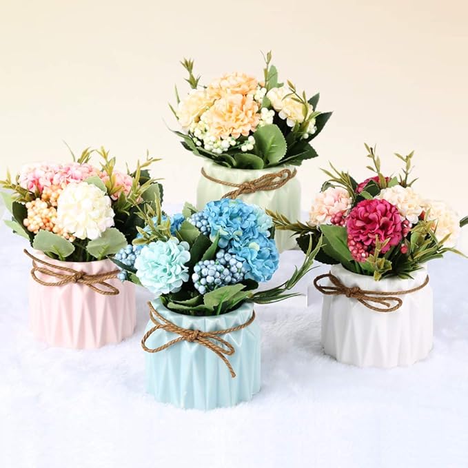 Artificial Hydrangea Bouquet with Small Ceramic Vase Fake Silk Variety Flower Balls Flowers Decoration for Table Home Party Office Wedding (Pink)