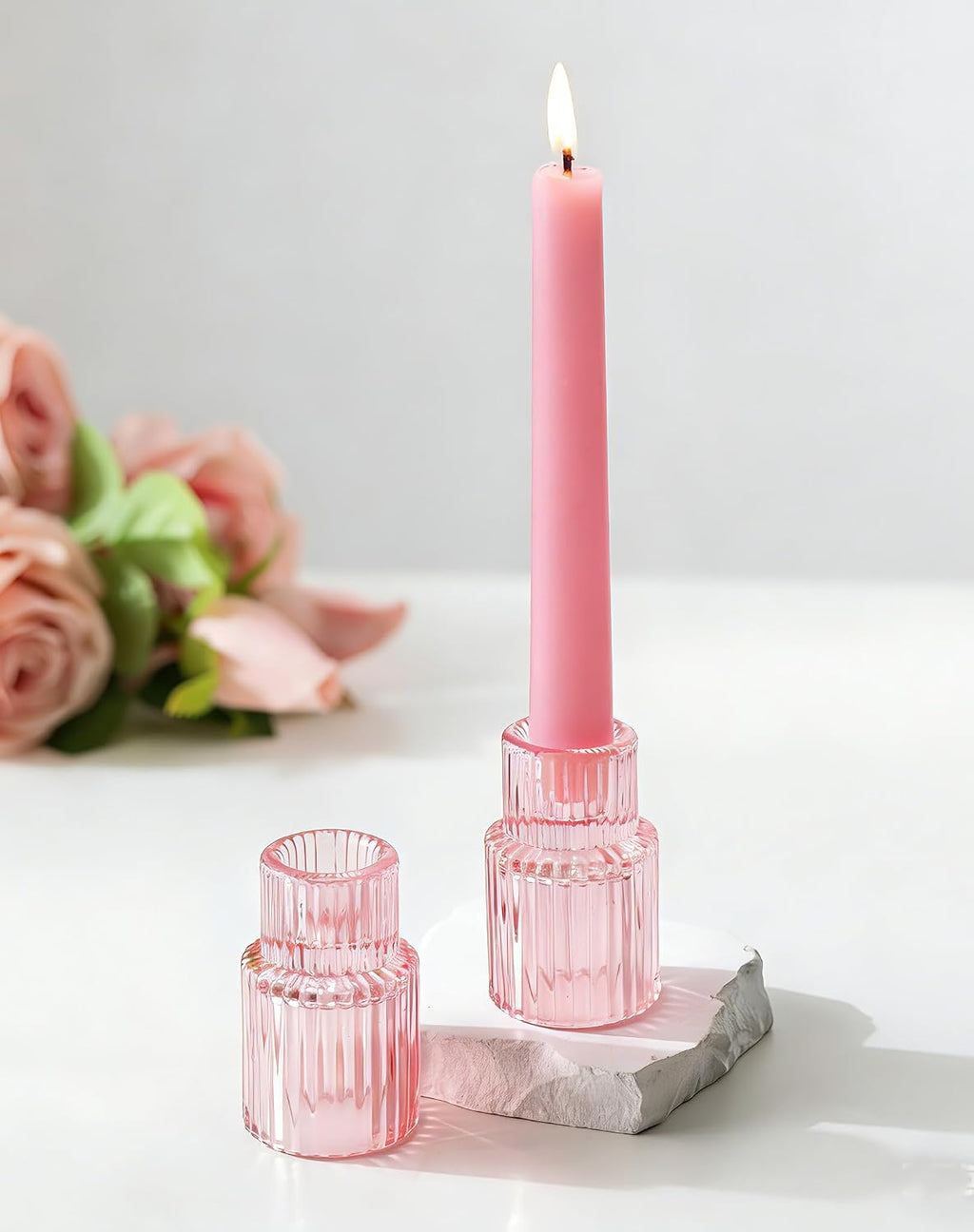 Romadedi Pink Glass Candle Holders - Set of 2 Ribbed Candlestick Holder for Table Centerpiece Elegant Taper Holder for Wedding Birthday Party Baby Showers Valentines Mother's Day Christmas