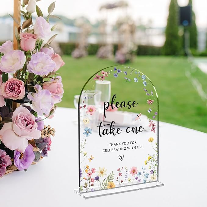 Wedding Sign Decor, Please Take One Sign, 5x7 Inch Arch Acrylic, Wedding Sign for Reception & Event, Bridal Shower Decorations, Wedding Table Sign Accessories for Anniversary And Party (Flower)