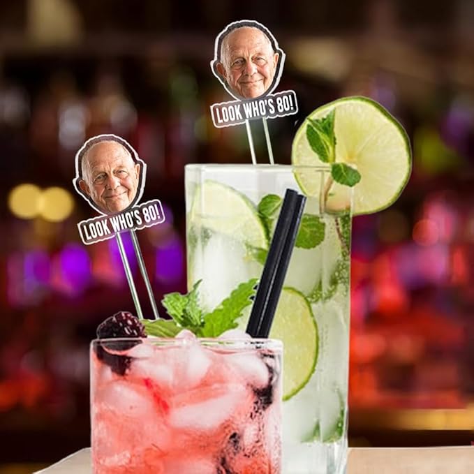 50 Pcs Personalized 50th to 90th Birthday Face Photo Drink Stirrers, 60th 70th 80th Birthday Party Decorations, Custom Face Cutout Stir Sticks, Decor for Retirement, Graduation Parties