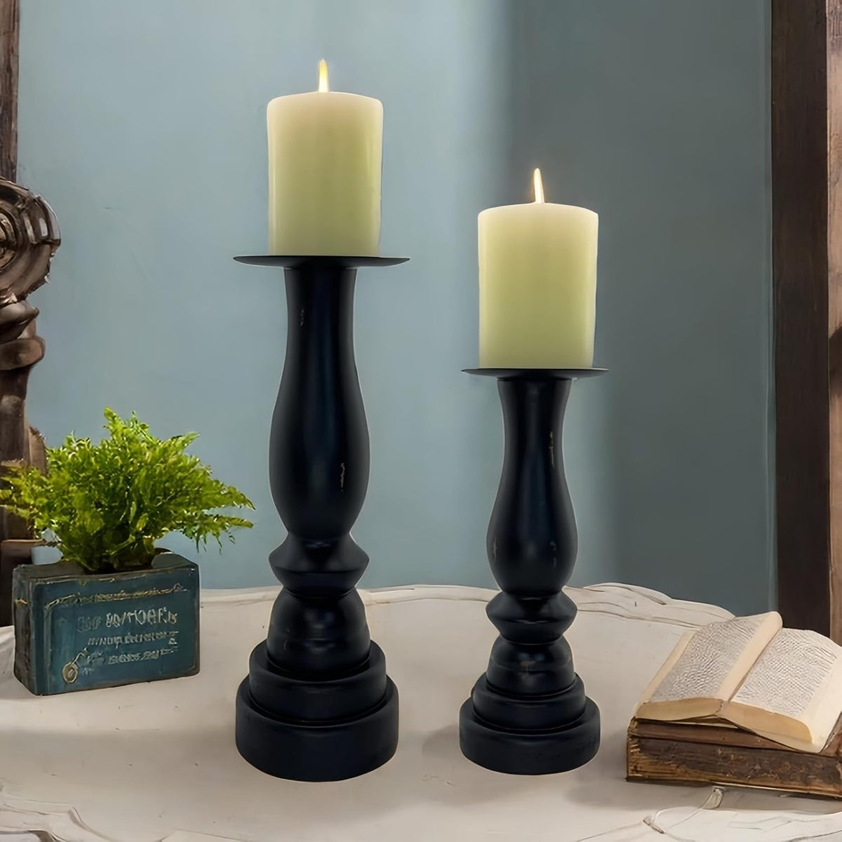 Black Worn Pillar Candle Holder - Rustic Wooden Farmhouse Candlestick Holders...