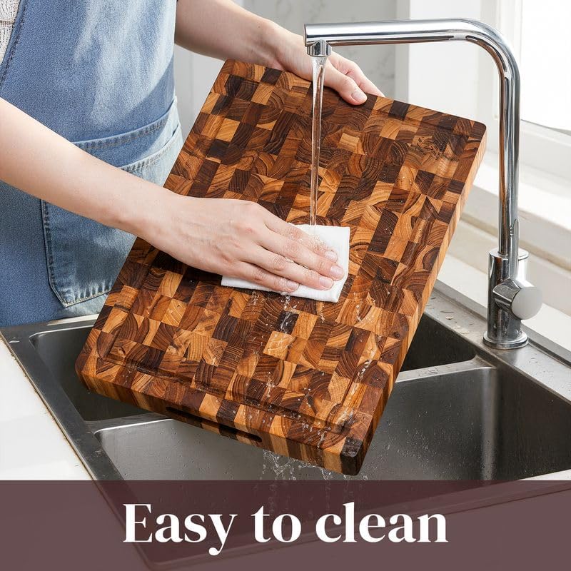 teak wood end grain cutting board 16 x, close-up detail