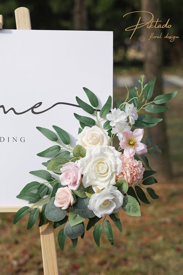 Faux Flower Swag Set of 2 for Wedding Welcome Signs Floral Swag Wedding Reception Ceremony Signs Decor (A-Pink)