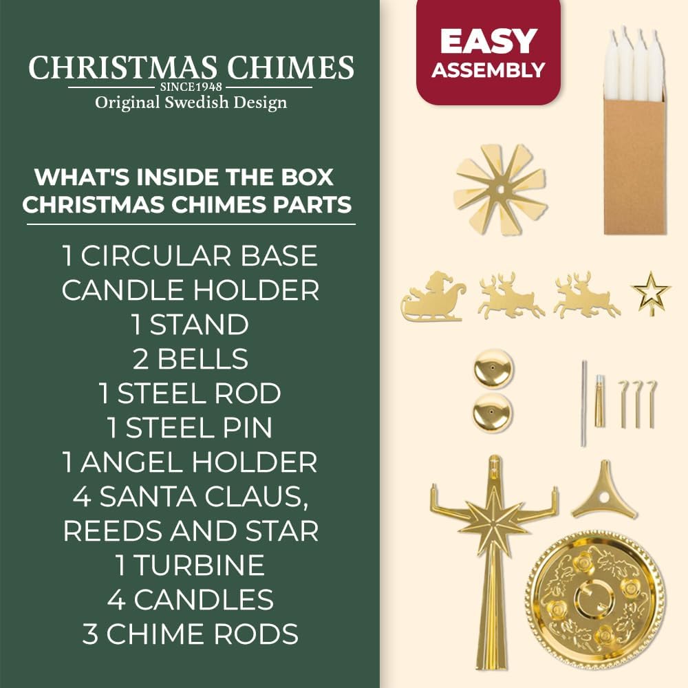 Original Swedish Christmas Chimes, Santa, Carousel and 4 Candles – Scandinavian Spinning Festive Chimes for Christmas, Best Memorial Gift Since 1948, Home Decorations - Brass