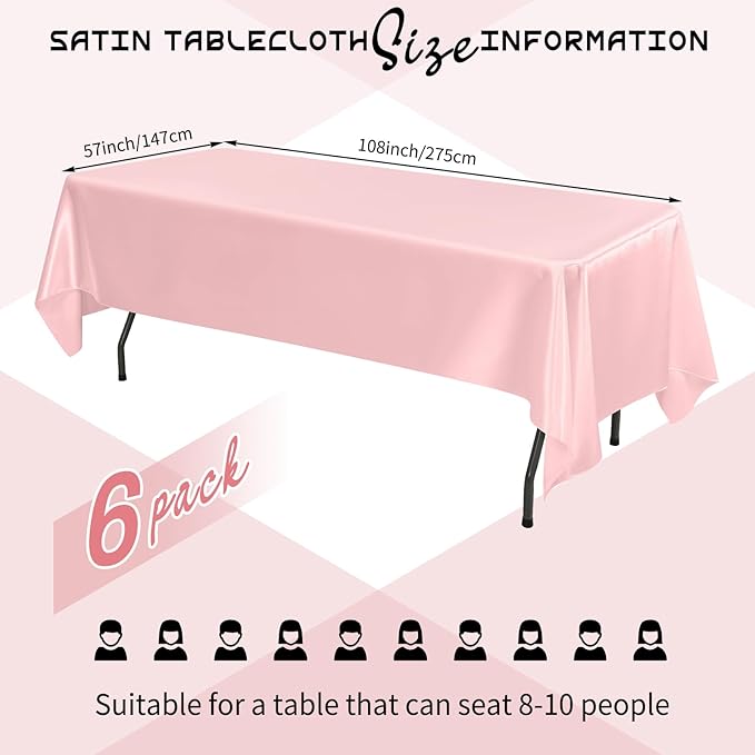 6 Packs Satin Tablecloth 57 x 108 Inch Rose Gold Rectangular Table Cloth Silk Tablecloth Smooth Fabric Overlay Satin Table Cover Decoration for Wedding Party Banquet Events