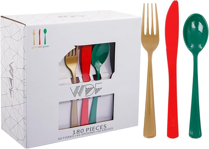 WDF 180 Pieces Plastic Christmas Silverware - Disposable Cutlery Set Incluede 60 Gold Forks, 60 Red Knives and 60 Green Spoons - Heavy Duty Plastic Flatware - Disposable Utensils for Christmas