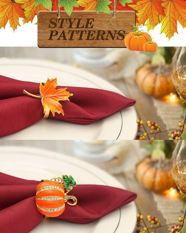 KPOSIYA 24 Pcs Fall and Christmas Napkin Set - 12 Thanksgiving Rings and 12 Cloth Napkins - Maple Leaf and Halloween Pumpkin Holders for Table Decorations