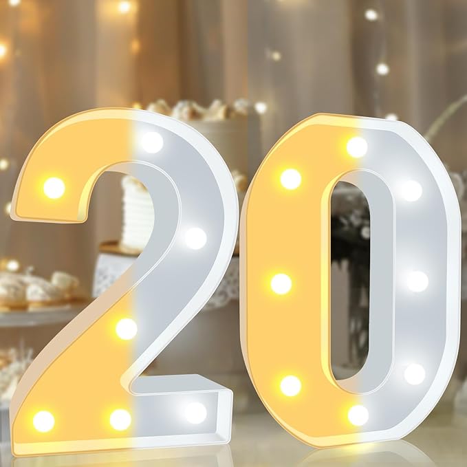 Pooqla 20th Birthday Decoration for Her Him, Decorative LED Light Up Numbers, Marquee Numbers 20 Sign for Party Backdrop 20th Wedding Anniversary Decor, Warm White and Cool White Number 20
