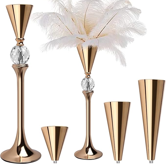 VIJIV Gold Flower Vase for Centerpiece Table Decorations Wedding Reception Decor, 15.8 Inch Tall Metal Vase for Feather Flower Holder Stand Floral Arrangement Gatsby Party Dinner Event Hotel