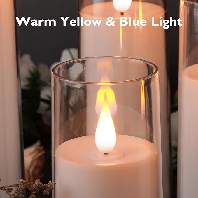 Amagic Pure White Flameless Candles, Battery Operated Candles, Acrylic Flickering LED Pillar Candles with Remote Control and Timer, 3D Wick, Yellow and Blue Glow, D2.2 xH5 5" 6" 7" 8", Set of 5