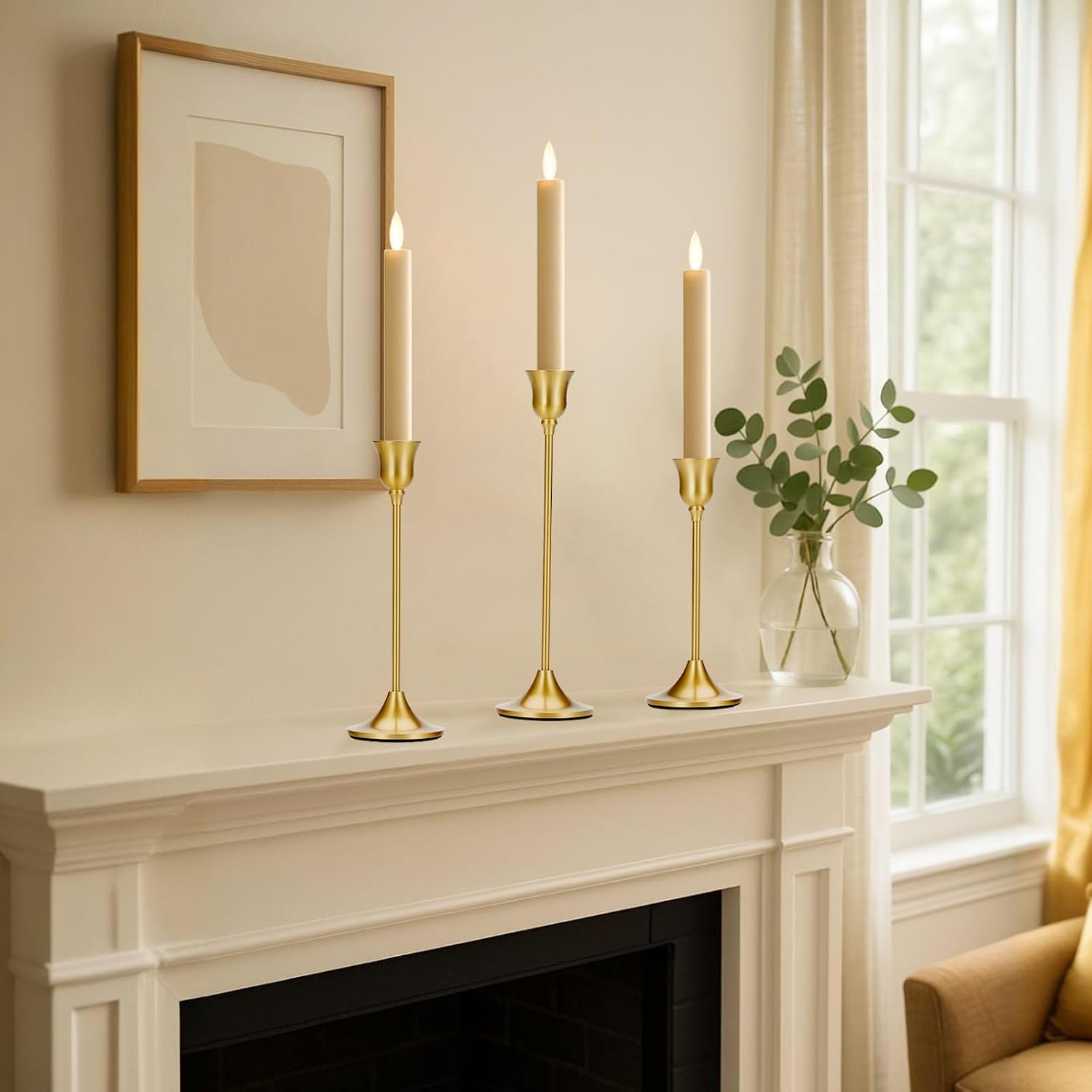 Tifanso Taper Candle Stick Holder - 3PCS Brass Gold Pillar Tall Candlestick Holders Metal Vintage Decor Dinner Table Dining Room Centerpieces Decorations for Wedding Fireplace Mantel Housewarming Gift