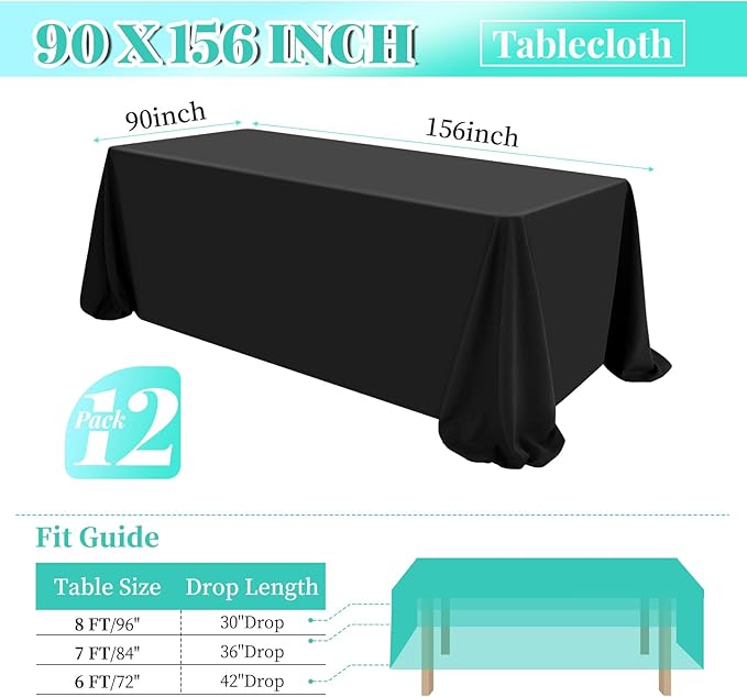 12 Pack Polyester Tablecloth 90 x 156 Inch Black Tablecloth for 8 Ft Rectangle Tables,Washable Fabric Table Covers Polyester Table Clothes for Wedding Parties Banque