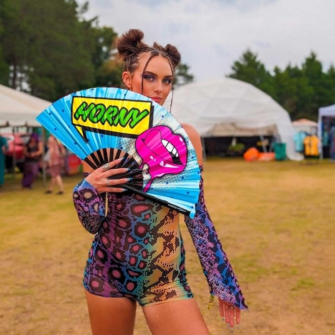 Kandies World Custom Festival Folding Hand Fan - Unique Designs, Made of Bamboo, Clacking Sound, Lightweight - Perfect Rave and Festival Accessory!