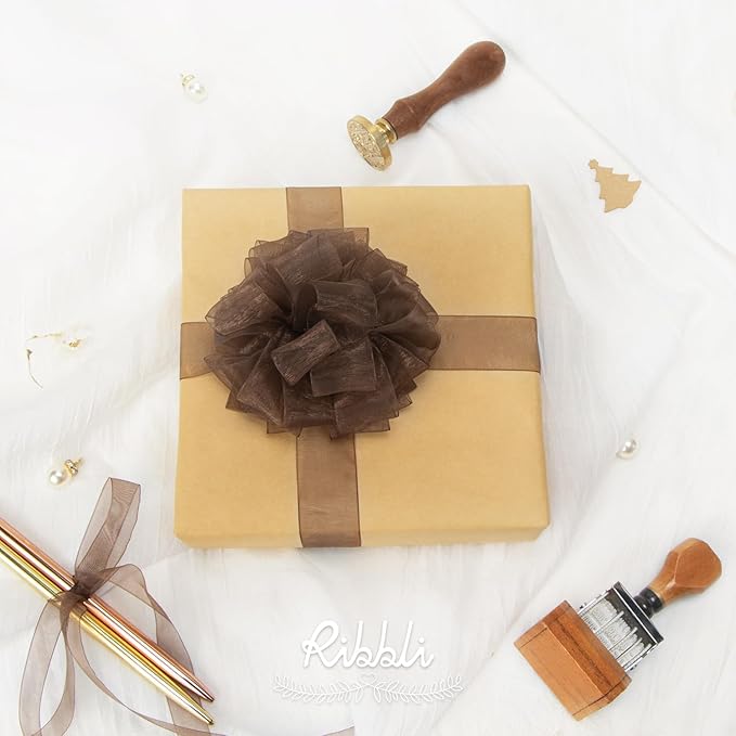 Ribbli Brown Organza Ribbon,1/2 Inches x Continuous 50 Yard, Brown Sheer Ribbon for Gift Wrapping,Cookie Wrapping,Wedding Decoration,All Crafting and Sewing