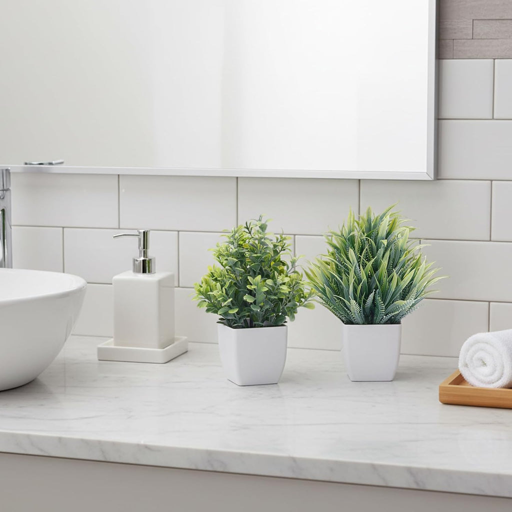 CEWOR Fake Plants 4 Packs Small Artificial Greenery Mini White Potted Plants Bathroom Accessories Decorations for Desk Bathroom Office Home Room Kitchen Table Indoor