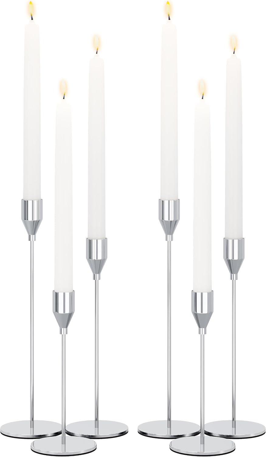 NLBTW Silver Candlestick Holders Set of 6 for Modern Elegant Home Decor | Taper Candle Holders in 3 Heights for Weddings, Formal Dinners, Christmas Mantels and Holiday Tables