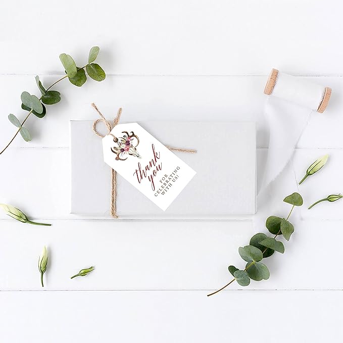 Andaz Press 100-Pack Thank You for Celebrating with Us Favor Tags Boho Rustic Floral Antlers Cardstock Gift Tags with Bakers Twine for Wedding Baby Shower Bridal Shower Party Favors 2 x 3.75-Inches