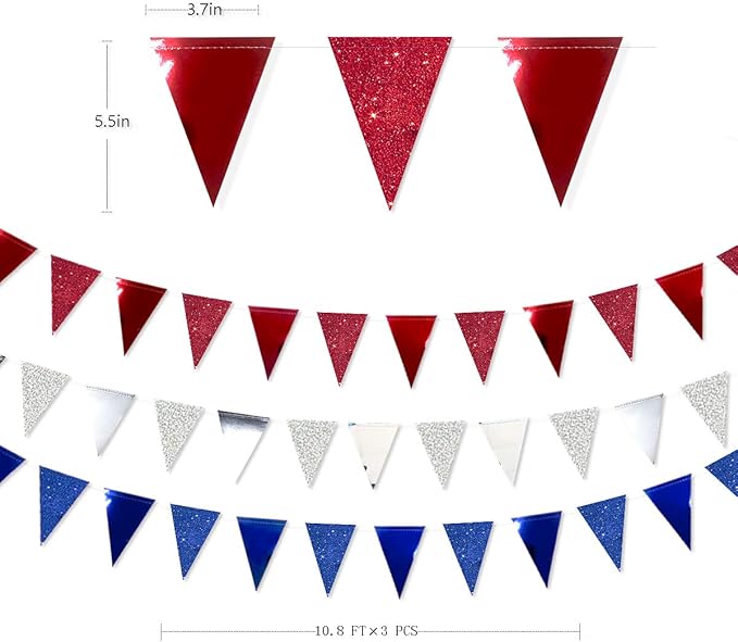 30 Ft Red Silver Blue Triangle Pennant Banner Bunting Hanging Paper Flag Garland for 4th of July American Independence Day USA National Day Patriotic Graduation Wedding Hen Party Decorations Supplies