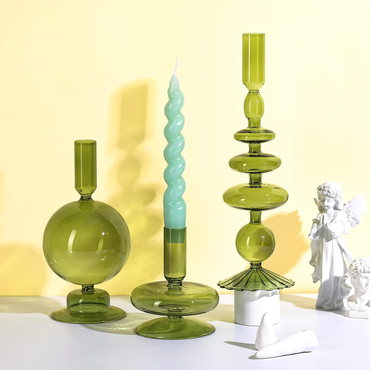 Rtteri 3 Pcs Glass Candle Holder Candlesticks Holders, Green