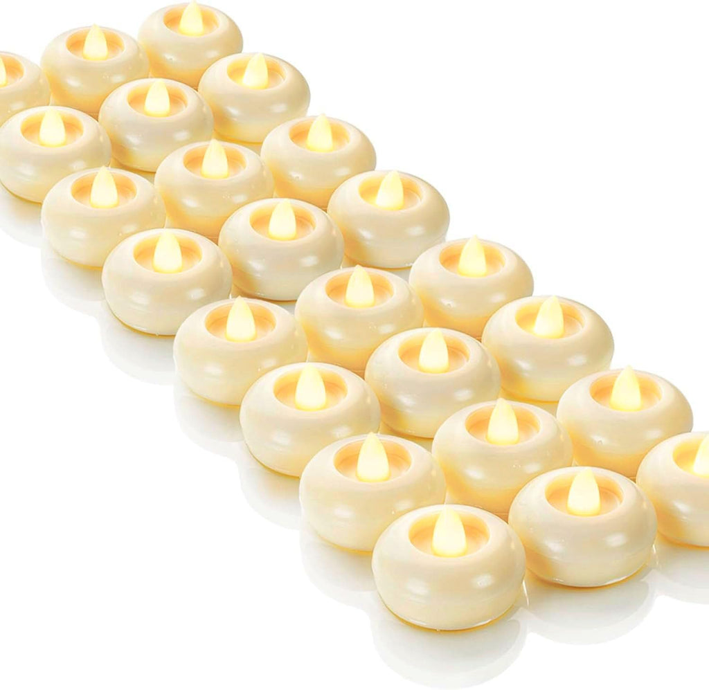 Homemory 24 Pack 2” Flameless Led Floating Candles, 200 Hour Battery Operated Flickering Waterproof Tealights for Cylinder Vases, Centerpieces at Wedding, Party, Pool, Holiday (Ivory Base)